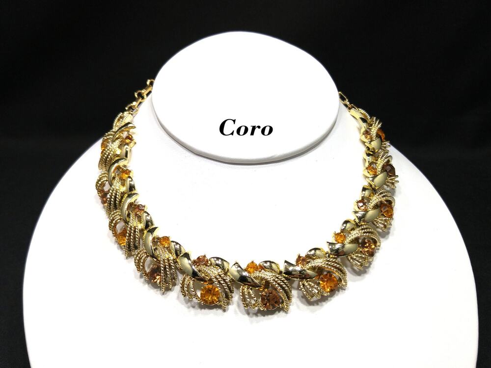 Coro Citrine & Topaz Rhinestone Choker Necklace, Gold Plated, 1950s Vintage